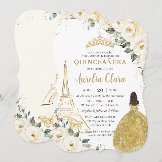 Invitation Quinceañera Ivory White Floral Paris Gold Princess (Devant / Derrière)