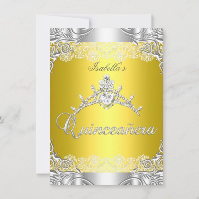 Invitation Quinceanera Jaune Diamant d'Argent Tiara 15ème Par (Devant)