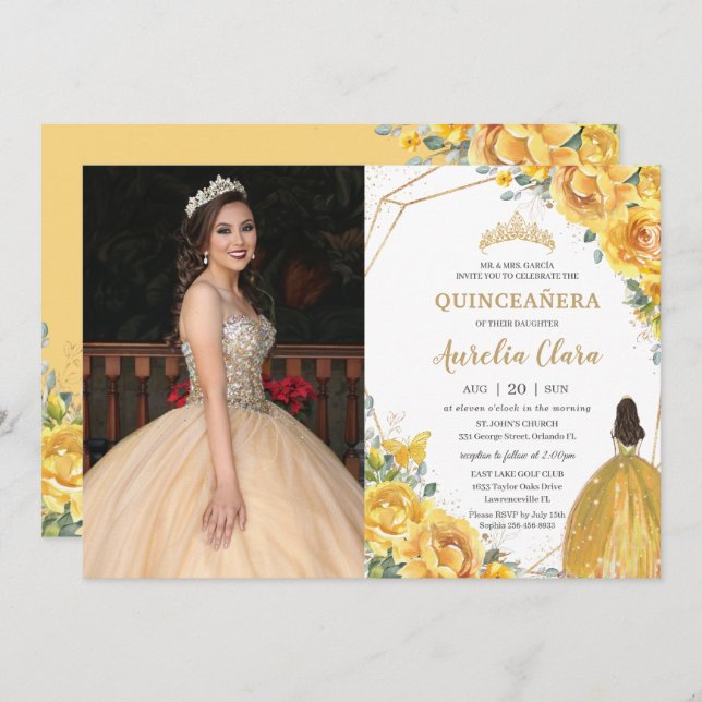 Invitation Quinceañera Jaune Floral Princess Crown Anniversai (Devant / Derrière)