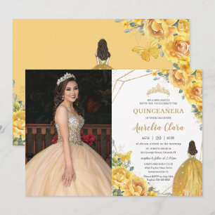 Invitation Quinceañera Jaune Floral Princess Crown Anniversai