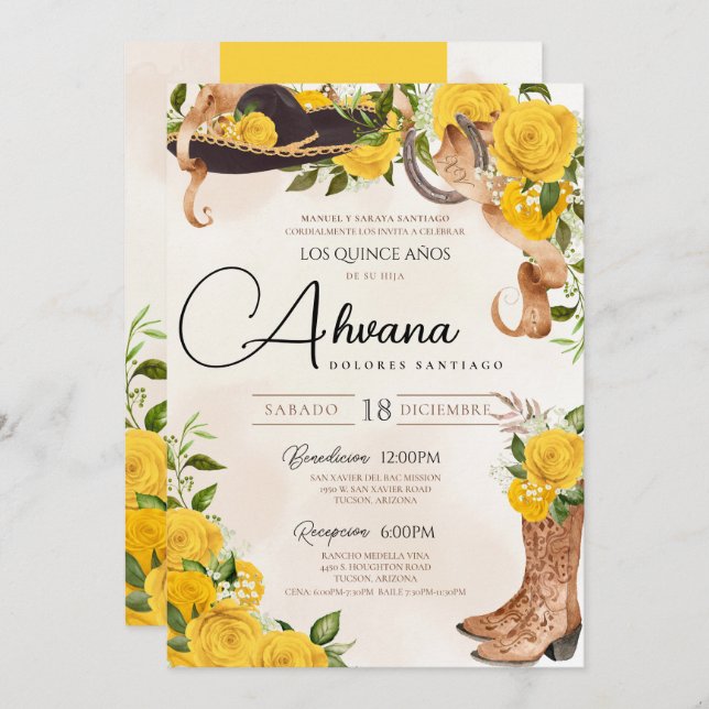 Invitation Quinceanera Jaune Roses Vintage Charro Ouest (Devant / Derrière)