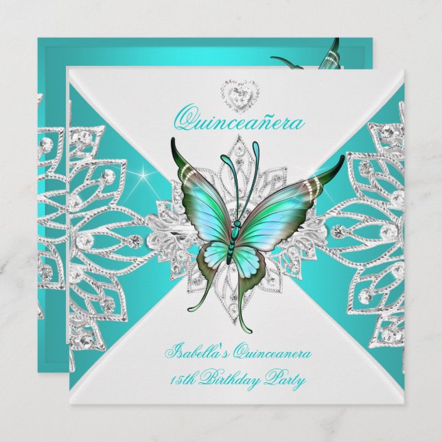 Invitation Quinceanera Joli Papillon bleu Turquoise Tiara 2 (Devant / Derrière)