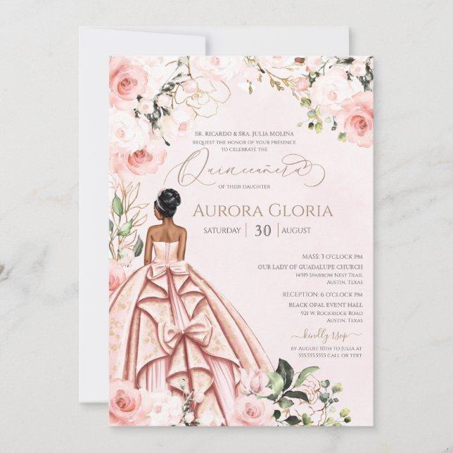 Invitation Quinceanera Joli rose Beau Rose 15e (Devant)