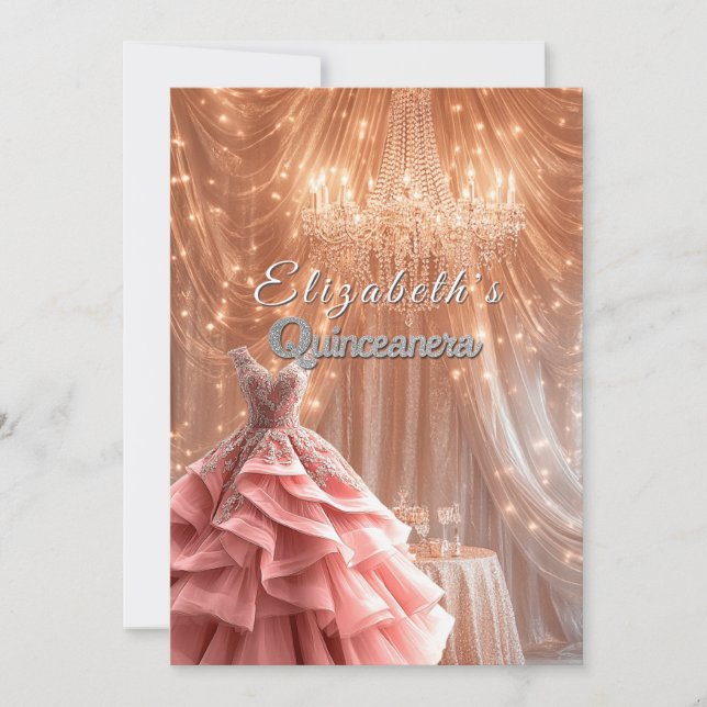 Invitation Quinceanera Jolie Couronne de lustre rose (Devant)