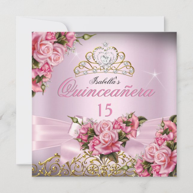 Invitation Quinceanera Jolie rose Roses Tiara 15e anniversair (Devant)