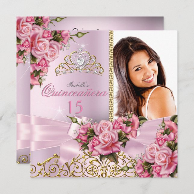 Invitation Quinceanera Jolie rose Roses Tiara Photo Anniversa (Devant / Derrière)