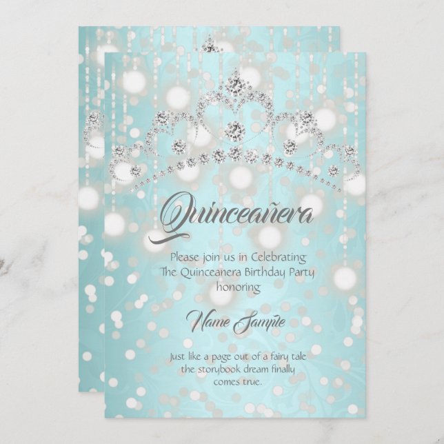 Invitation Quinceanera Jolie Turquoise Silver Diamond Tiara (Devant / Derrière)