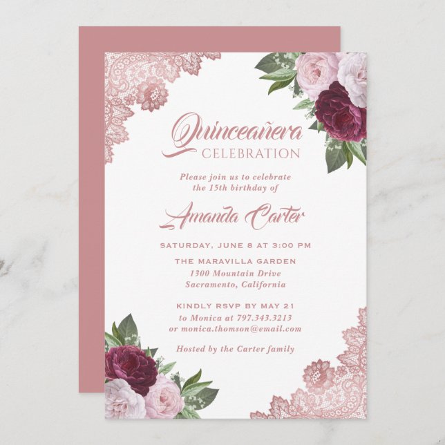 Invitation Quinceañera, la florale de l'or Rose 15e anniversa (Devant / Derrière)