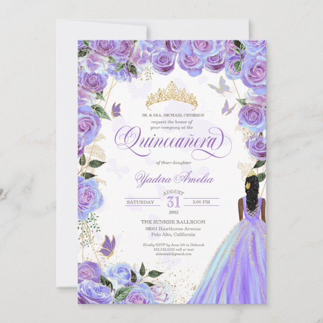 Invitation Quinceanera Lavande Purple Élégant Papillon Inv (Devant)
