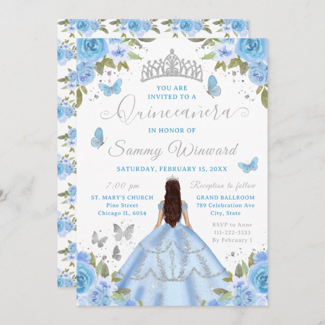 Invitation Quinceañera Light Blue Princess Brunette Girl (Devant / Derrière)