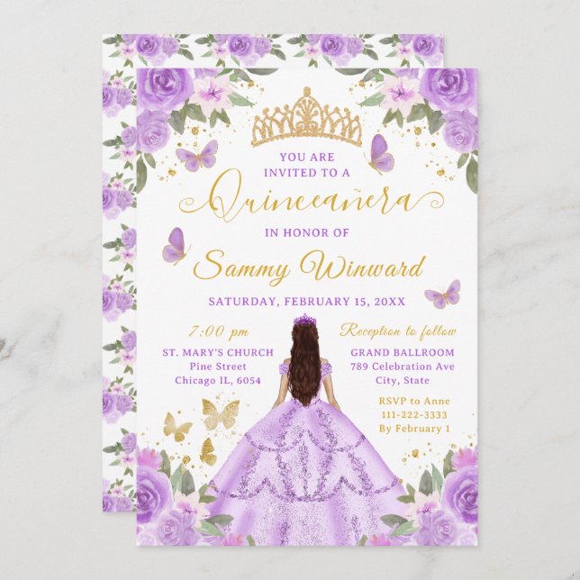 Invitation Quinceañera Light Purple Princess Brunette Girl (Devant / Derrière)
