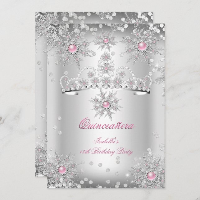 Invitation Quinceanera Light Rose Silver Winter Wonderland (Devant / Derrière)
