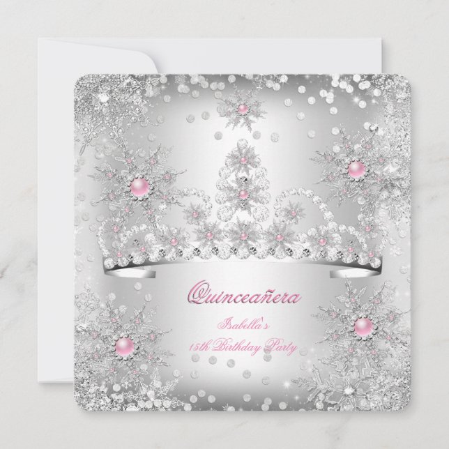 Invitation Quinceanera Light Rose Silver Winter Wonderland (Devant)