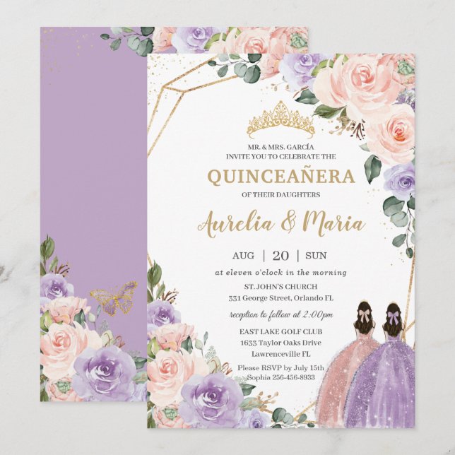 Invitation Quinceañera Lilac Blush Floral Rose Gold Twins (Devant / Derrière)