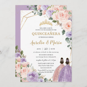 Invitation Quinceañera Lilac Blush Floral Rose Gold Twins