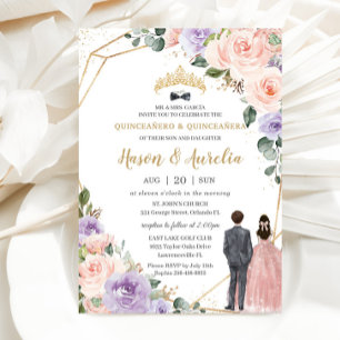 Invitation Quinceañera Lilac Blush Floral Twins Garçon Girl