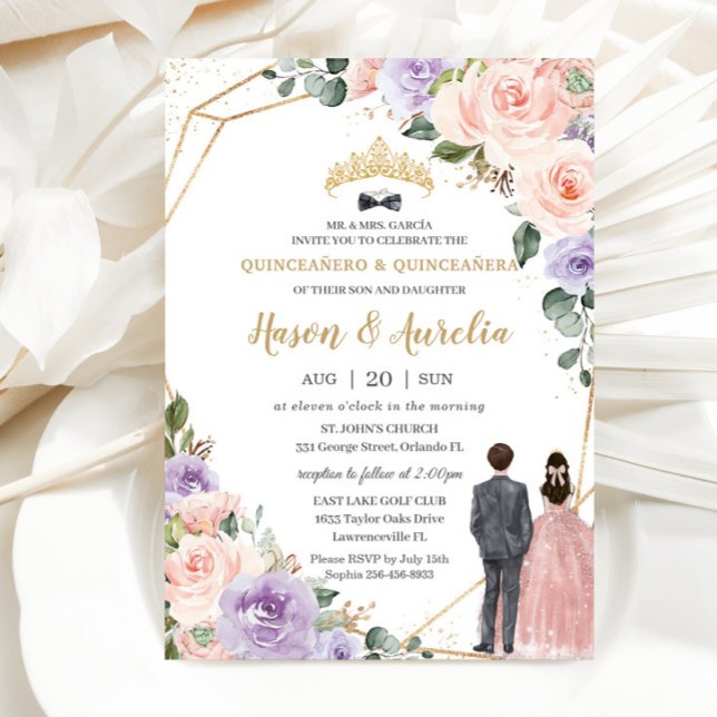 Invitation Quinceañera Lilac Blush Floral Twins Garçon Girl (Créateur téléchargé)