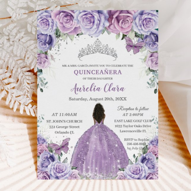 Invitation Quinceañera Lilac Fleurs pourpres Brown Princesse (Créateur téléchargé)