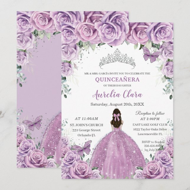 Invitation Quinceañera Lilac Fleurs pourpres Papillons Couron (Devant / Derrière)