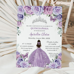 Invitation Quinceañera Lilac Fleurs pourpres Papillons Couron