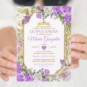 Invitation Quinceañera Lilac & Gold Crown Papillon mexicain