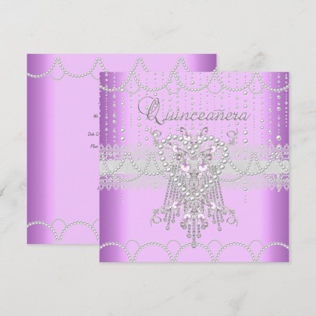 Invitation Quinceanera Lilac Pink Pearl Lace Diamond (Devant / Derrière)