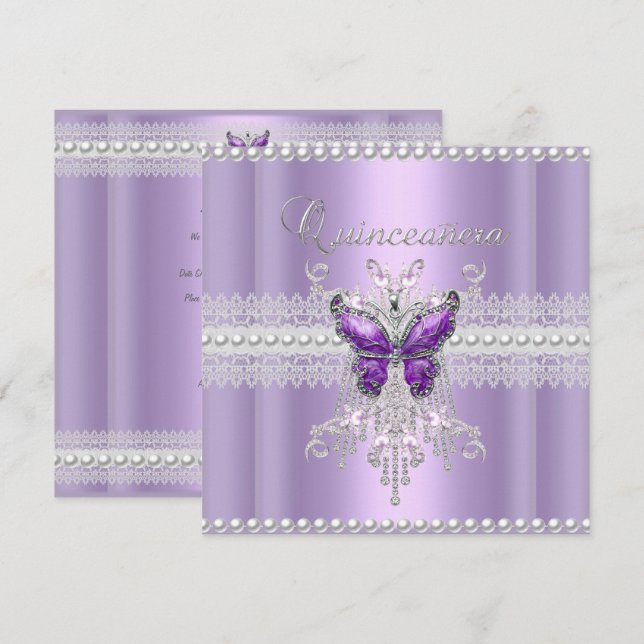 Invitation Quinceanera Lilac Pink Pearl Lace Papillon (Devant / Derrière)