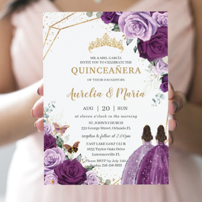 Invitation Quinceañera Lilac Plum violet foncé Jumeaux florau (Créateur téléchargé)