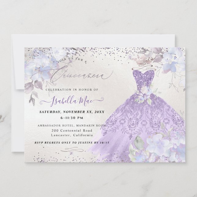 Invitation Quinceanera Lilac Purple Argent Parties scintillan (Devant)