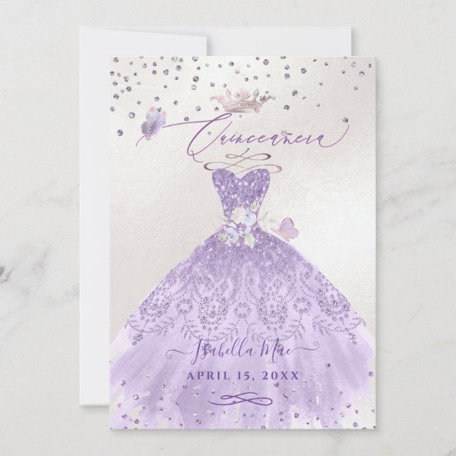 Invitation Quinceanera Lilac Purple Argent Parties scintillan (Devant)