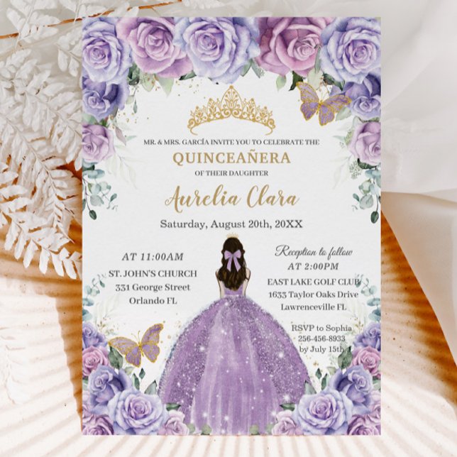 Invitation Quinceañera Lilac Purple Floral Papillons Or (Créateur téléchargé)