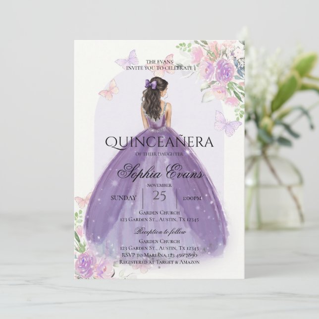 Invitation Quinceanera Lilac Robe violette Florale Princesse (Debout devant)