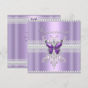 Invitation Quinceanera lilas rose perle dentelle papillon