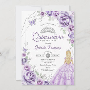 Invitation Quinceanera lilas violet argent blonde fille flora