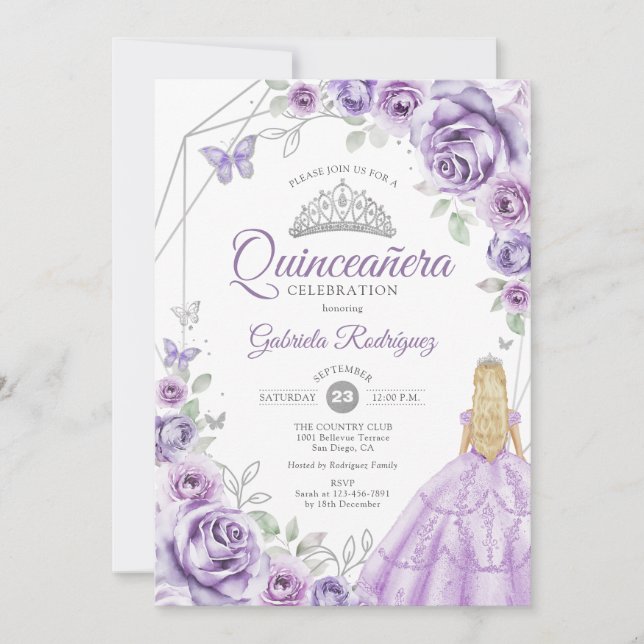 Invitation Quinceanera lilas violet argent blonde fille flora (Devant)
