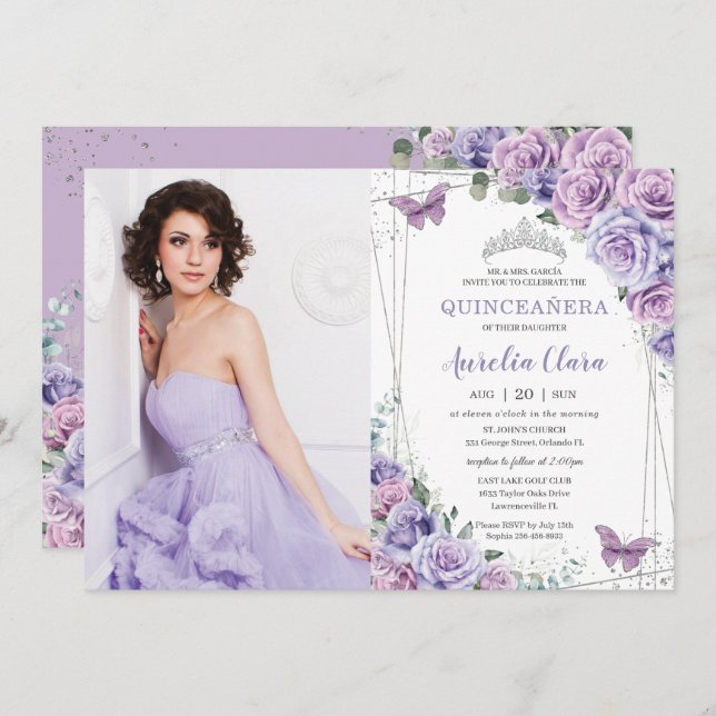 Invitation Quinceañera lilas violettes fleurs papillons argen (Devant / Derrière)