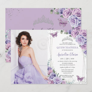 Invitation Quinceañera lilas violettes fleurs papillons argen