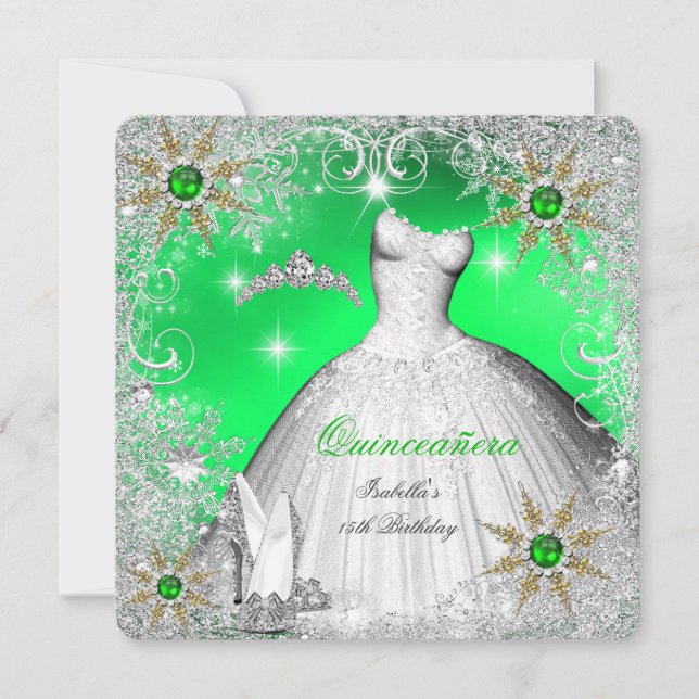 Invitation Quinceanera Lime Pearl Silver Winter Snowflakes (Devant)