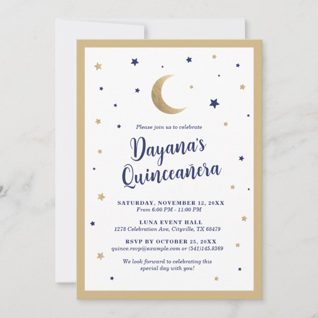Invitation Quinceanera Lune et Étoiles (Devant)