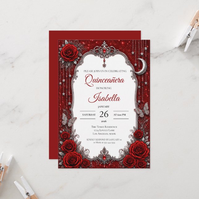 Invitation Quinceañera Luxe Rouge Argent (Devant/Arrière en situation)