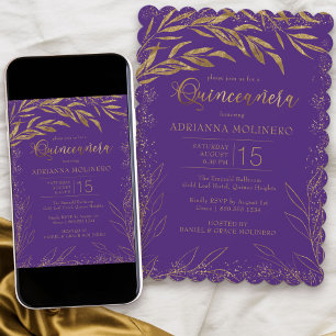 Invitation Quinceanera Luxe Violet et Or Feuilles Anniversair