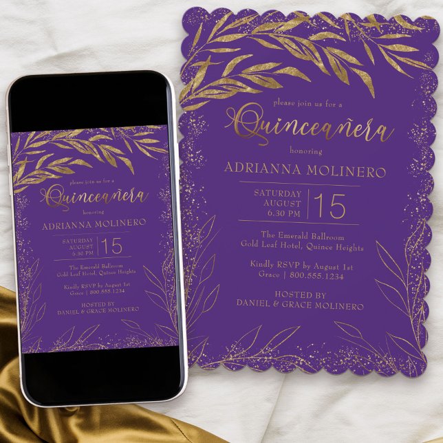 Invitation Quinceanera Luxe Violet et Or Feuilles Anniversair (Modern Quinceanera invitation in purple from my Gold Leaf Collection)