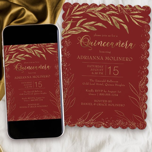 Invitation Quinceanera Luxury Red and Gold Feuilles Invitatio (Modern Quinceanera invitation in red and gold from my Gold Leaf Collection
)