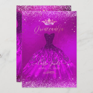 Invitation Quinceanera Magenta Gold Confetti+Princesse
