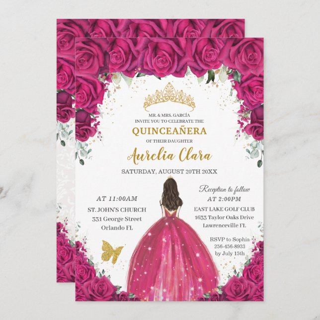 Invitation Quinceañera Magenta Hot rose Floral Princesse Or (Devant / Derrière)