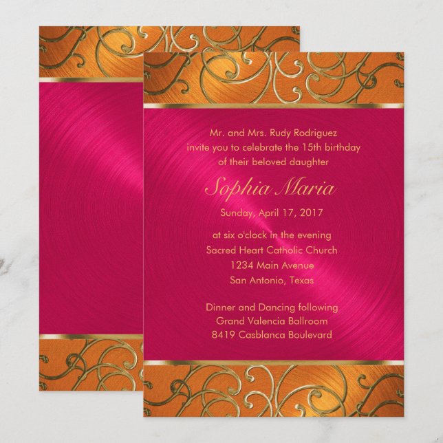 Invitation Quinceanera Magenta Rose Orange Gold Filigree (Devant / Derrière)