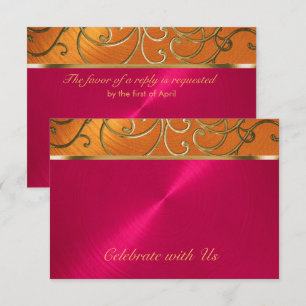 Invitation Quinceanera Magenta Rose Orange Gold Filigree