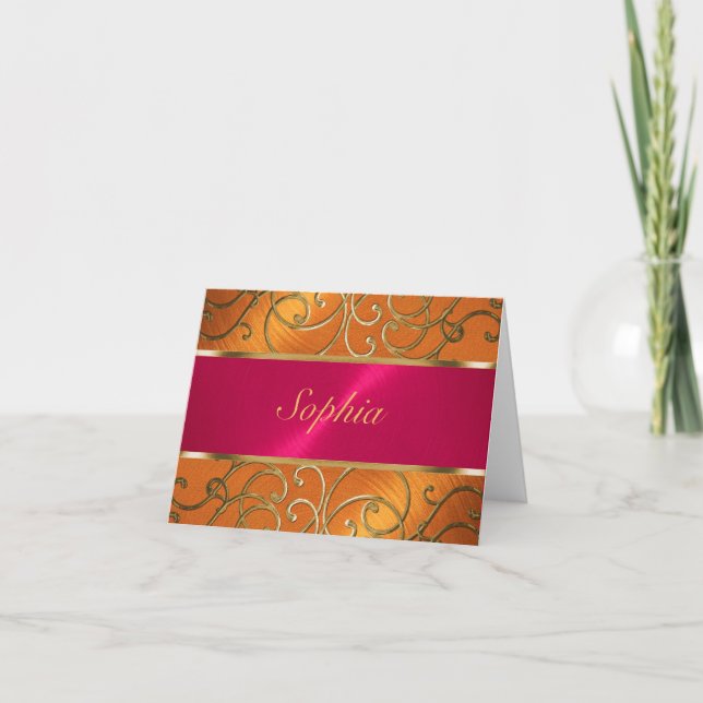 Invitation Quinceanera Magenta Rose Orange Gold Filigree (Devant)