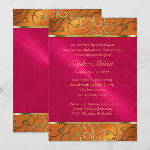 Invitation Quinceanera Magenta Rose Orange Or Filigrane