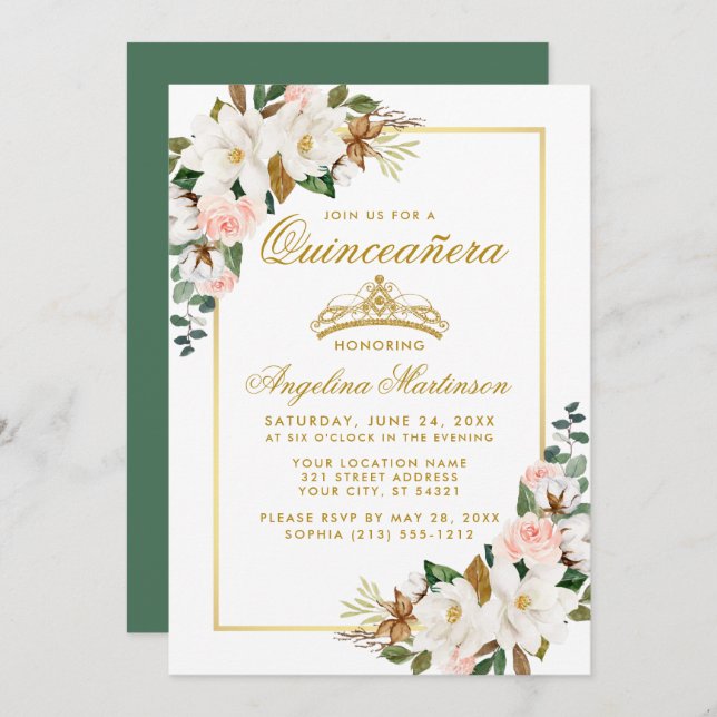 Invitation Quinceanera Magnolia Rose Floral Or Vert (Devant / Derrière)